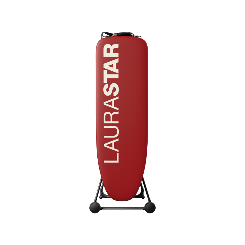 laurastar go + top view red ironing board cover with logo folded for storage