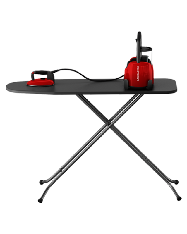 Laurastar lift original red lightweight and portable shown sitting on ironing board while using