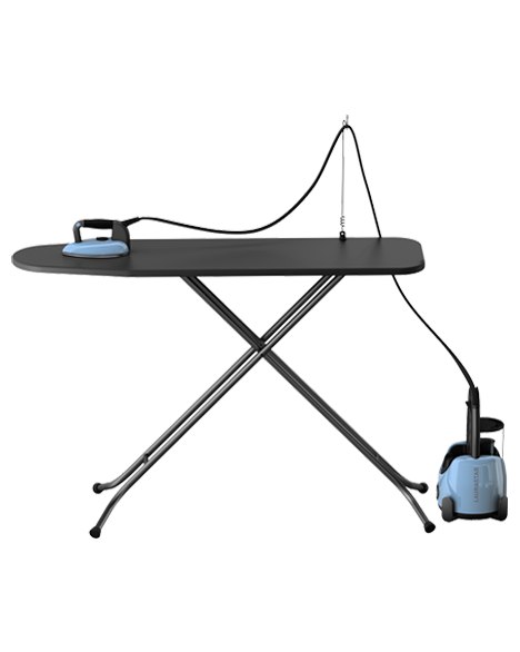 laurastar lift plus blue sky portable steam generator in use on ironing board with steam cord holder