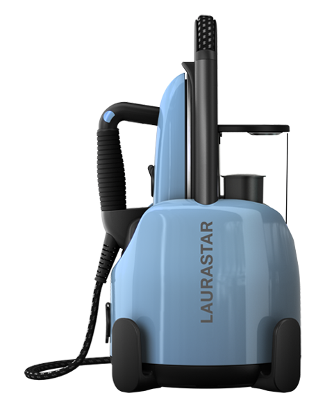 laurastar lift plus blue sky portable steam generator side view showing water tank and iron