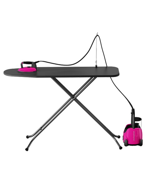 laurastar lift plus pinky pop portable steam generator in use on ironing board with steam cord holder