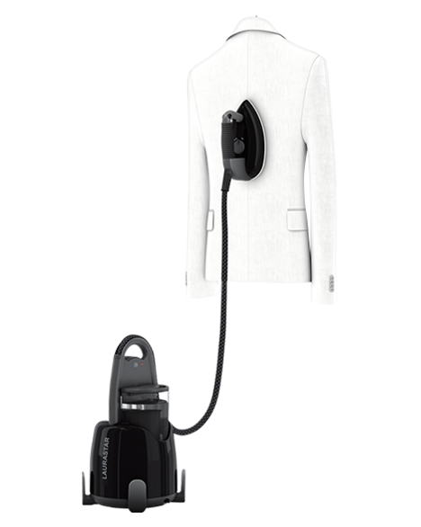 laurastar lift plus blue sky portable steam generator  shown steaming a shirt on a hanger